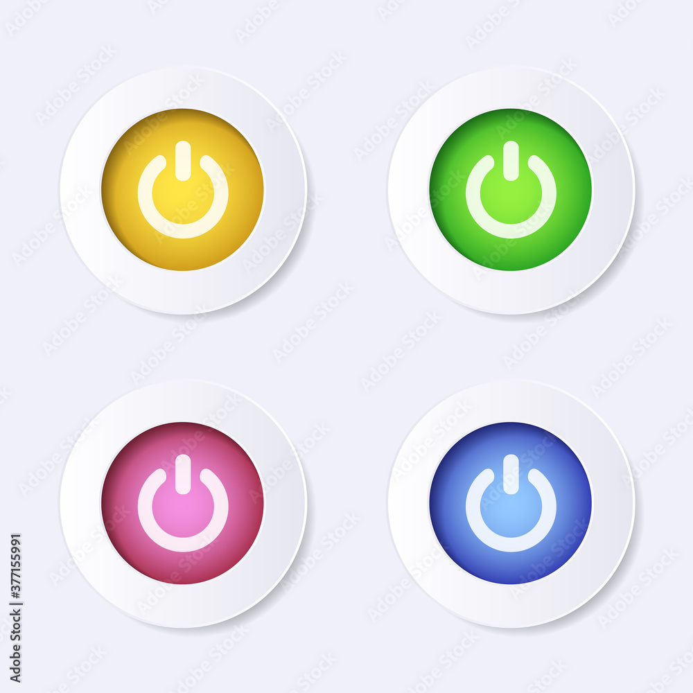 Modern 3D vector website power icon colourful buttons Modern 3D vector website power icon colourful buttons