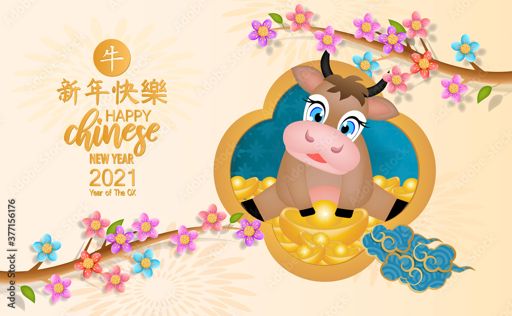 Fototapeta premium Happy Chinese new year for the Ox 20201 with follower and firecracker. The Chinese is mean : Happy Chinese new year.