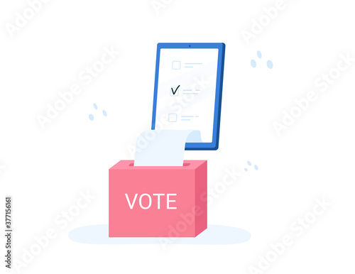 Voting online, e-voting, election internet system, survey. Concept of online choices with box and bulletins on smartphone screen. Checklist online, check screen survey. Vector illustration.
