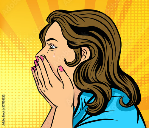 Crying woman Raise both hands to cover their mouths. Pop art vector illustration