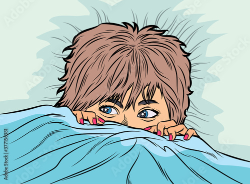 The woman was lying staring, she was scared, pulled the blanket over her mouth and nose. Pop art vector illustration