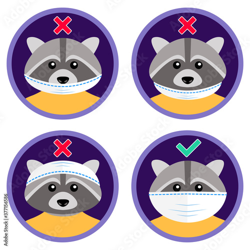The cute raccoon shows how to wear face mask properly. Wrong and right ways to use medical protective mask. Funny cartoon illustration for kids