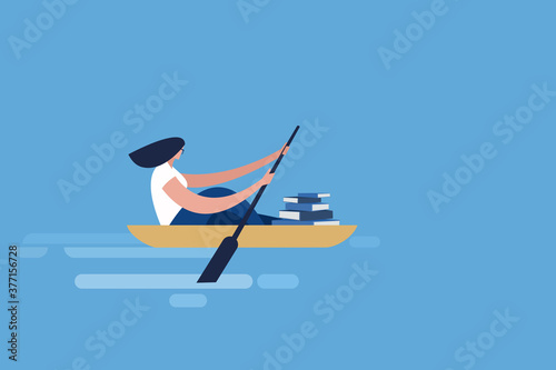 Conceptual illustration of a girl transporting  fat books in a boat
