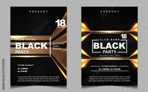 Night party music layout poster design template background with elegant black and light gold style. Luxury cover electro style vector for concert disco, club party, event flyer,  invitation nightclub
