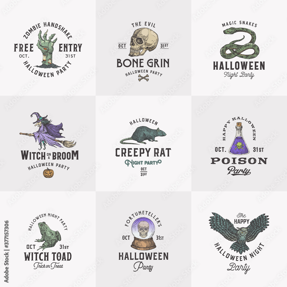 Vintage Style Halloween Logos or Labels Template Set. Hand Drawn Witch, Scull, Zombie Arm, Rat, Fortune Teller Ball and Magic Reptiles Sketch Symbols Collection. Retro Typography. Векторный объект Stock