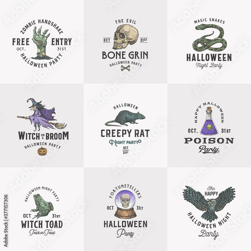Vintage Style Halloween Logos or Labels Template Set. Hand Drawn Witch, Scull, Zombie Arm, Rat, Fortune Teller Ball and Magic Reptiles Sketch Symbols Collection. Retro Typography.
