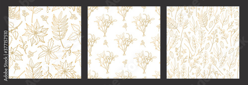 Set of Christmas seamless pattern, with gold plants. Poinsettia, holly berry, laurel leaves and rowan berry in doodle line style, modern ornate for New Year, decoration on white background.