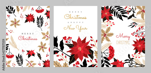 Christmas greeting cards, vertical frame with winter plants, poinsettia, rowan brunches. Invitation to a holiday party. Vector illustration in modern Scandinavian style, isolated on white background.