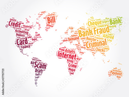Bank fraud word cloud in shape of world map, business concept background