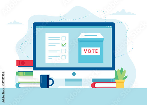 Online voting concept. A ballot box and a bulletin on monitor.