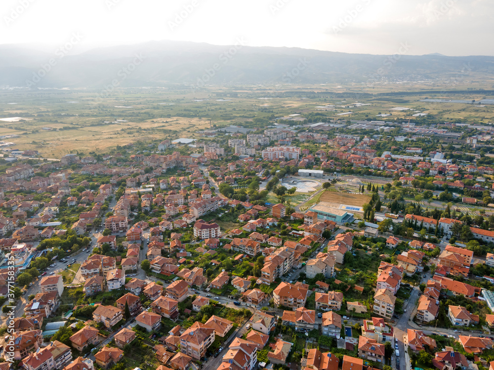 Fototapeta premium Aerial sunset view of town of Petrich, Bulgaria