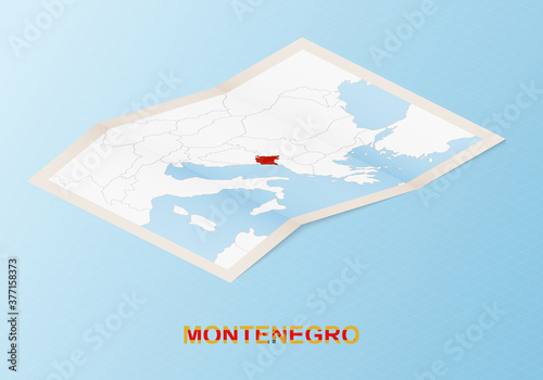 Folded paper map of Montenegro with neighboring countries in isometric style.
