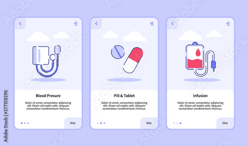 Medical icon blood pressure pill tablet infusion onboarding screen for mobile apps template banner page UI with three variations modern flat outline style