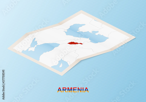 Folded paper map of Armenia with neighboring countries in isometric style.