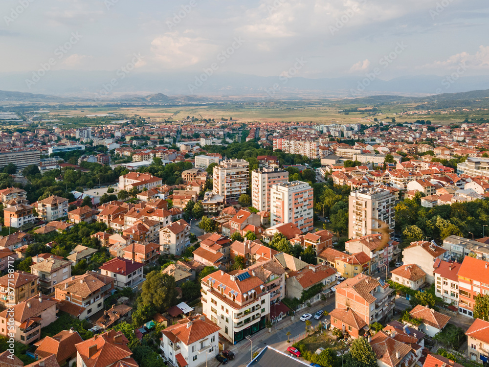 Aerial sunset view of town of Petrich, Bulgaria