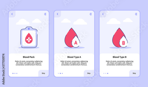 Medical icon blood pack blood type A type B onboarding screen for mobile apps template banner page UI with three variations modern flat outline style