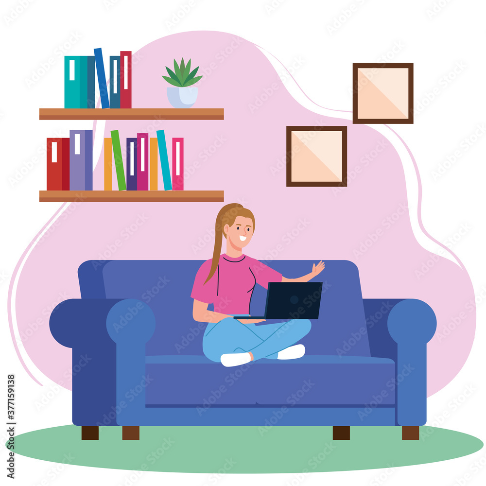 home working, freelancer young woman with laptop in sofa, working from home in relaxed pace, convenient workplace vector illustration design home working, freelancer young woman with laptop in sofa, working from home in relaxed pace, convenient workplace vector illustration design