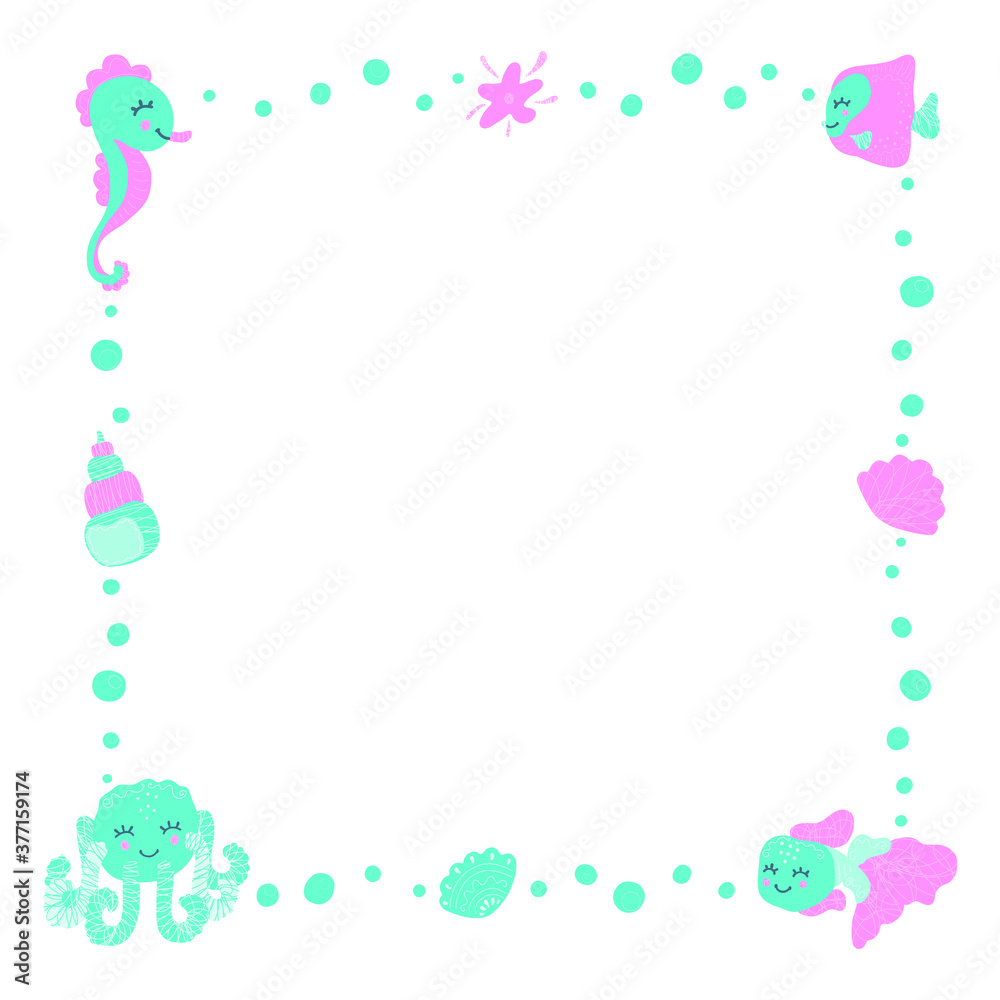 Cute childish square frame for text made of cartoon funny octopus, seahorse, fish, seashells, starfish and bubbles in a scandinavian style on a white background. Copy space. Vector. Cute childish square frame for text made of cartoon funny octopus, seahorse, fish, seashells, starfish and bubbles in a scandinavian style on a white background. Copy space. Vector.