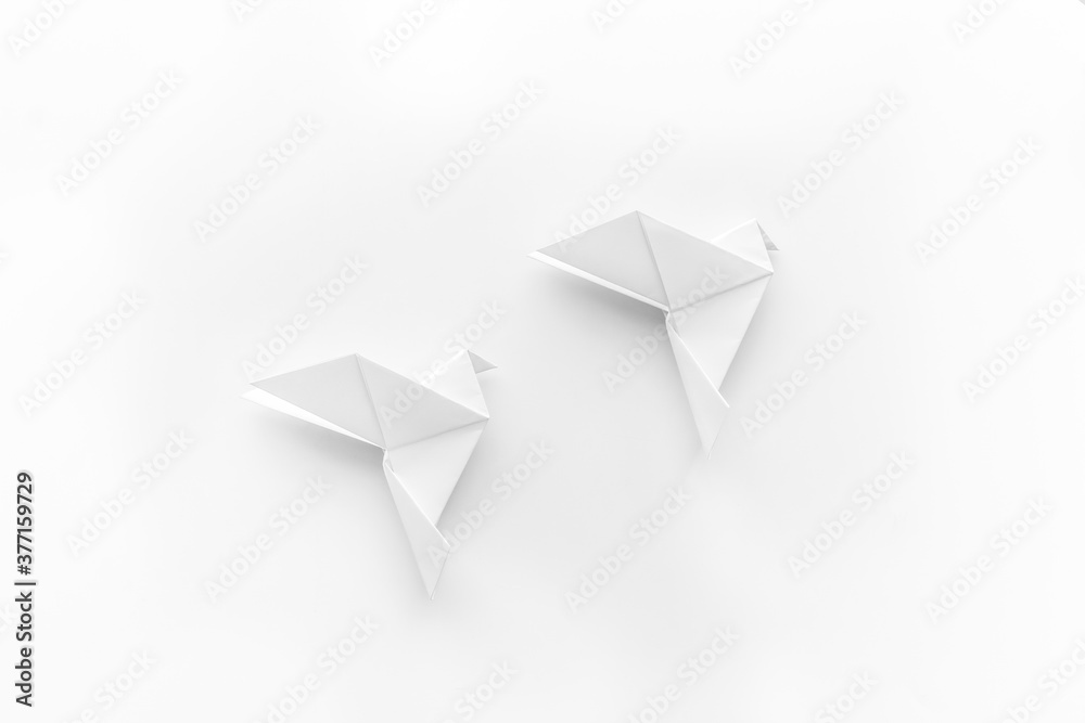 Paper pigeons in origami technique. DIY creativity. View from above Paper pigeons in origami technique. DIY creativity. View from above