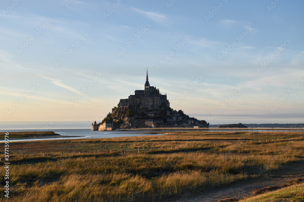 View on UNESCO beauty sunset place - Mont Saint Michele in Normandy, France