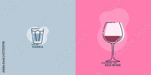 Shot vodka and wineglass red wine line art in flat style. Restaurant alcoholic illustration for celebration design. Design contour element. Beverage outline icon. Isolated on color background