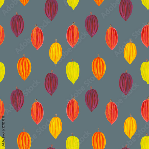 Seamless pattern colorful cocoa fruits on a grey background. Colorful background for design cafe, restaurant, packaging, wallpaper, fabric, textile, stationery, accessories.
