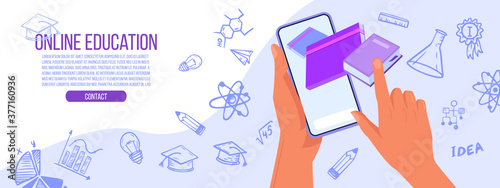 Online education or training vector concept with hands, smartphone screen, science doodle icons. Internet school or university courses banner design.Online education vector flat illustration with book