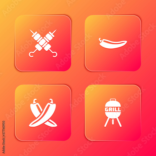 Set Grilled shish kebab, Hot chili pepper pod, Crossed hot and Barbecue grill icon. Vector.
