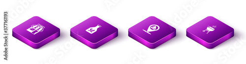 Set Isometric Barbecue shopping building, Ketchup bottle, Location with barbecue and grilled shish kebab icon. Vector.