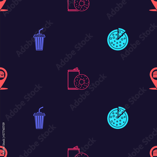 Set Pizza, Glass with water, Aluminum can soda and donut and Location burger on seamless pattern. Vector.
