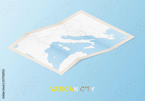 Folded paper map of Vatican City with neighboring countries in isometric style.