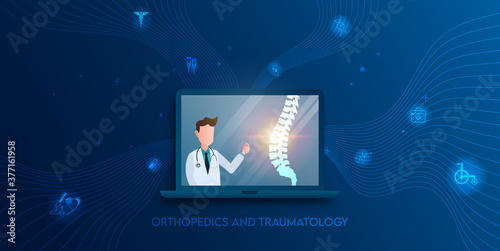 Technology for treatment of spine bone injury. Abstract traumatology and orthopedics. Medical science in the hospital for body joints.