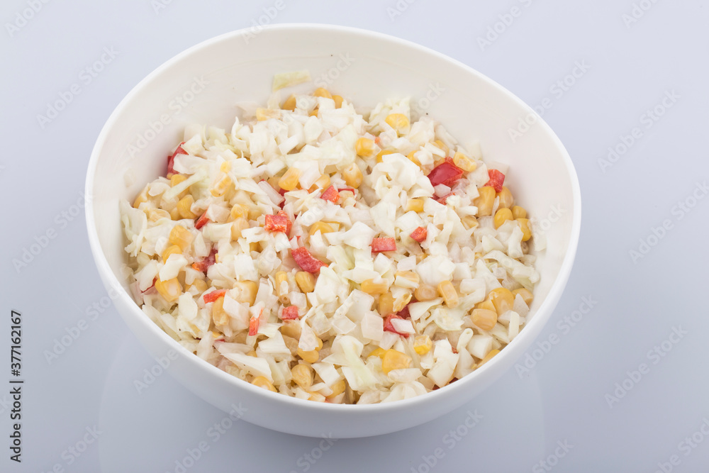 close up of a bowl of coleslaw salad.