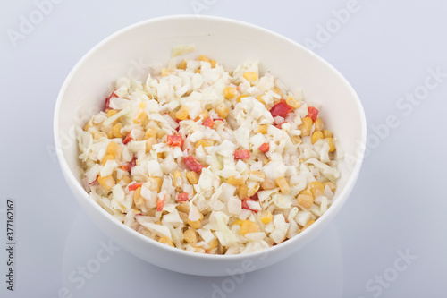 close up of a bowl of coleslaw salad.