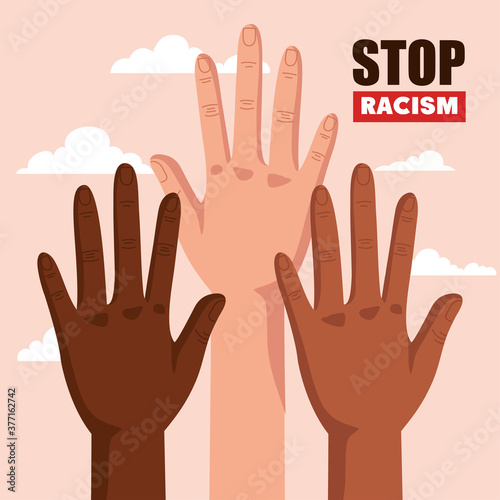 stop racism, with hands and cloud on background, concept of black lives matter vector illustration design