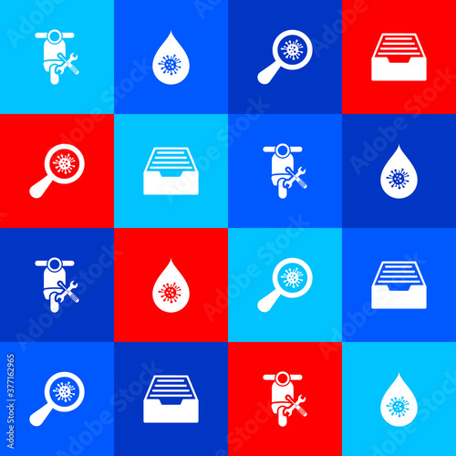 Set Scooter service, Dirty water drop, Microorganisms under magnifier and Drawer with documents icon. Vector.