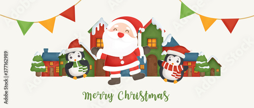 Happy Christmas banner with Santa clause and penguinsin the snow village.