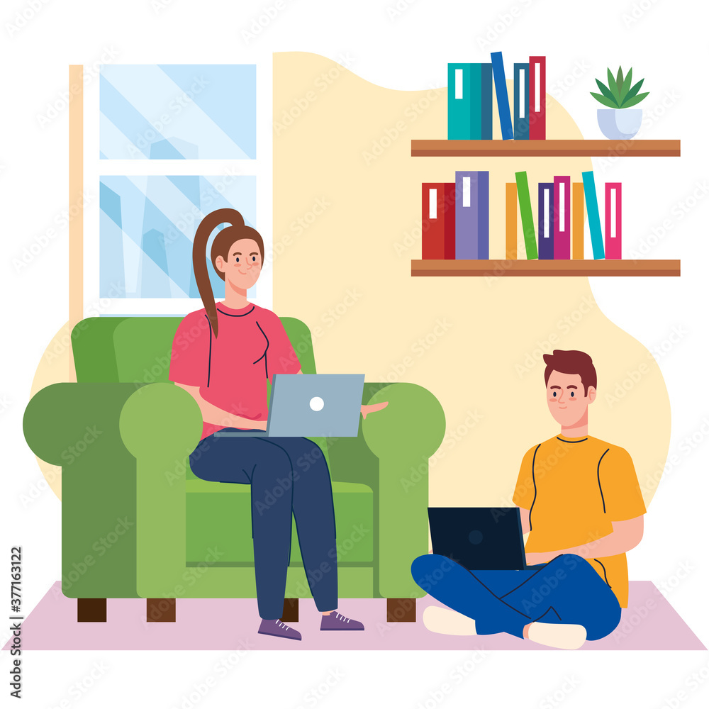 home working, freelancer young couple with laptops in living room, working from home in relaxed pace, convenient workplace vector illustration design home working, freelancer young couple with laptops in living room, working from home in relaxed pace, convenient workplace vector illustration design
