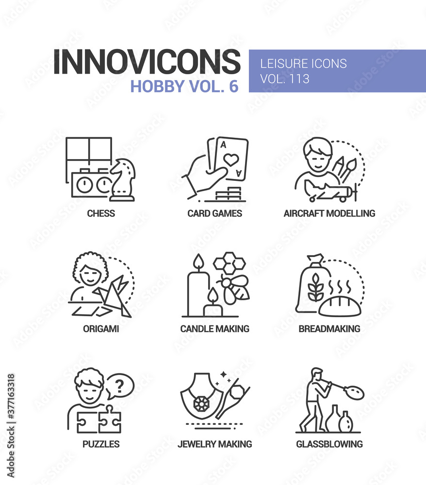 Hobby and activities - line design style icons set