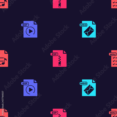 Set MSG file document, GIF, ZIP and M3U on seamless pattern. Vector.