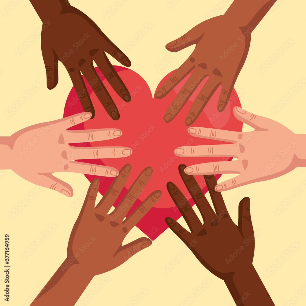 stop racism, with hands joined and heart, black lives matter concept vector illustration design