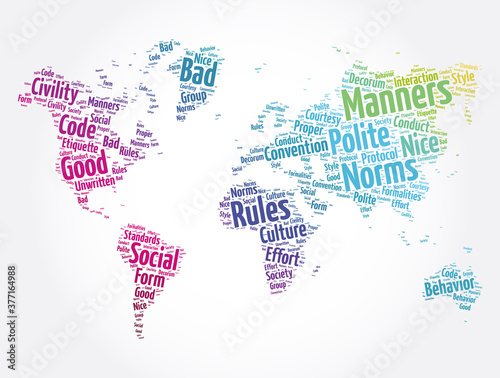 Manners word cloud in shape of world map, concept background