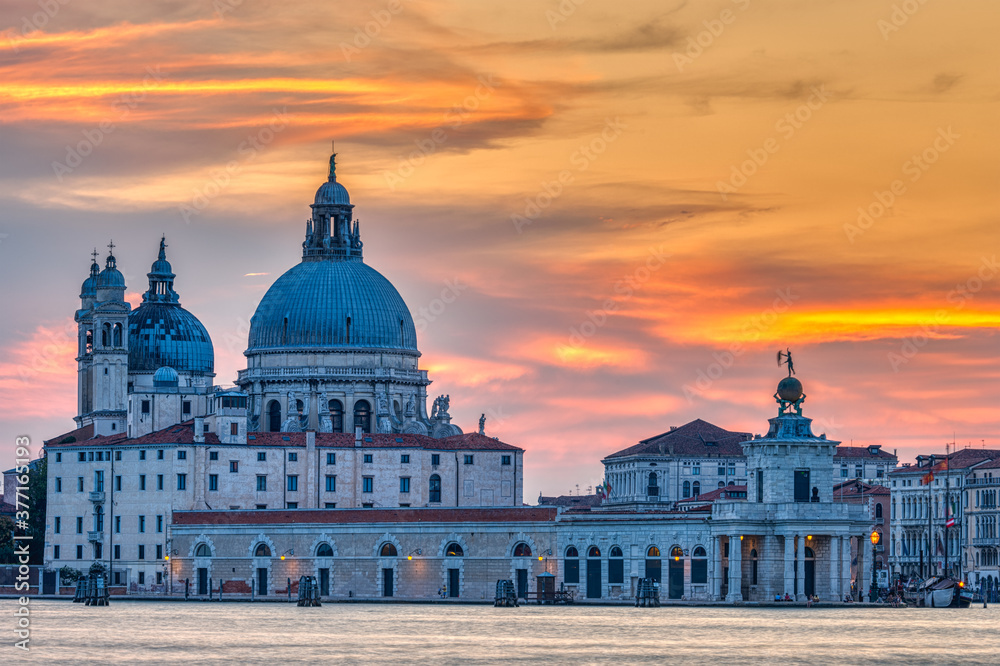 The Basilica Di Santa Maria Della Salute in Venice during a dramatic sunset