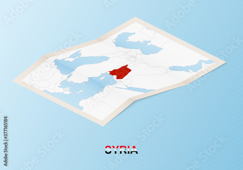Folded paper map of Syria with neighboring countries in isometric style.