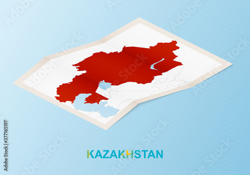 Folded paper map of Kazakhstan with neighboring countries in isometric style.