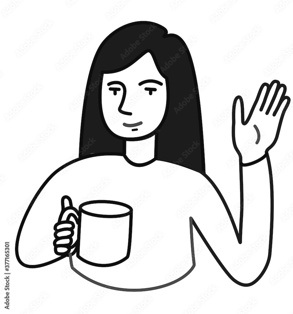 Girl Alone with Mug Waving to Friend, Coffee Mug Girl Alone with Mug Waving to Friend, Coffee Mug