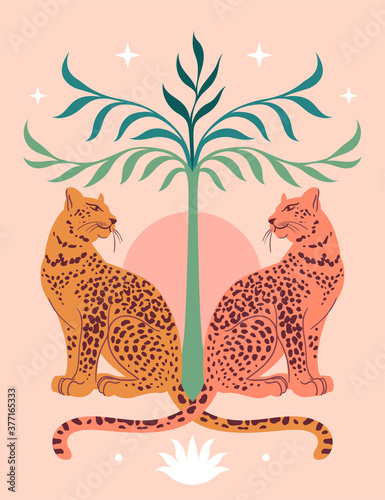 Cute Leopards, Sun, palm tree. Modern abstract art. Boho style. Mid Century print. Cosmic minimalistic scene. Protect wild animals poster. Magic concept. Vintage inspired art нтернета