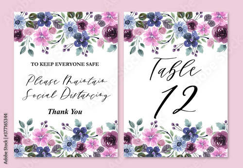 Wedding Table Numbers with Watercolor Blue and Purple Florals Ornaments