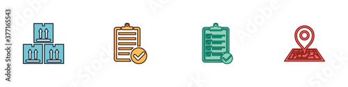 Set Cardboard box with traffic, Verification of delivery list, and Placeholder map icon. Vector.