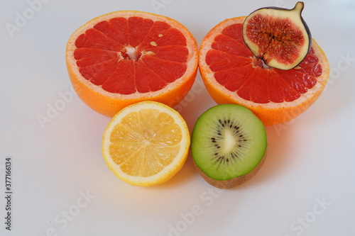 set of fruit cut in half. Exotic fruit.